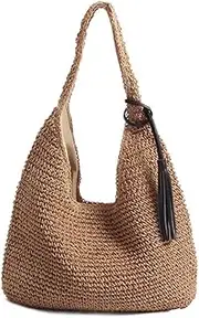 [QTKJ] Hand-woven Soft Large Straw Shoulder Bag with Black Tassels Boho Straw Handle Tote Retro Summer Beach Bag Rattan Handbag