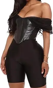 [Generic] PU Leather Sexy Bustier Corset Top Off Shoulder Chiffon White Strapless Female Top Cropped Tops Women Clothes