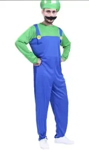 Mario Brothers LOUIGI Plumber Halloween Costume Jumpsuit Hat Mustache & Gloves M