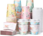 100 Pcs 12oz Floral Disposable Coffee Cups with 100 Lids and 100 Coffee Cup Slee