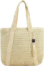 [MaijjLyn] Straw Beach Bags for Women Summer Woven Tote Bag with Tassels Shoulder Handbags Purse Large Beach Bag for Vacation