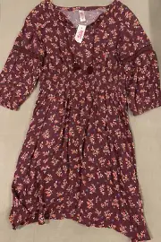NWT Justice Girl's Floral Tie Neck Peasant Girls Dress Maroon Sizes 8 & 12