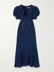 [Alessandra Rich] Alessandra Rich - Ruched Button And Bow-embellished Polka-dot Silk Midi Dress - Blue - IT40 IT 40 Blue