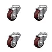 3 Inch SS Maroon Polyurethane Wheel Swivel Bolt Hole Caster Set Service Caster