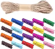 Tanstic 101Pcs Colorful Clothes Pins Kit, Wooden Colored Clothespins Clothes Clips Photo Paper Peg Pin Craft Clips with Jute Twine for Photos, Crafts, Arts-1.38 Inch