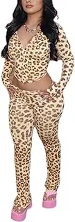 [RISCUYY] Cheetah Print Outfit for Women, Stretchy Hooded Top and Flared Trousers, Animal Print, Sexy Outfits for Women for Going Out 2025