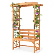 Costway Patio Garden Arch Archway 2-Seat Outdoor Wooden Bench w/Pergola & 2 Trellises Wedding Party Decor