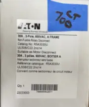 *NIB* Eaton 30A 3P 600V A Cat No. R5A3030U A Frame Non-Fusible Rotary Disconnect