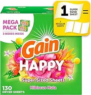 Gain Super Sized Dryer Sheets, Laundry Fabric Softener, Happy, 130 Count
