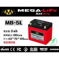 在飛比找蝦皮購物優惠-MEGA機車鐵鋰電池MB-5L MEGA-LiFe Batt