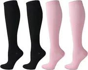 QiFon Compression Socks for Men and Women, 2/4/6 Pairs 20-25mmHg Knee Socks for Sports, Athletics, Edema, Diabetics, Varicose Veins, Travel, Pregnancy, Breastfeeding, 2 Pairs, BK + PK, Large