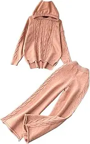 [Generic] Women's Knitwear Suits Drawstring Hooded Pullover Tops And Wide Legs Pants 2 Piece Sets Lounge Sets Tracksuits