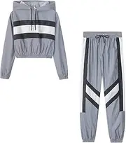 Women's European and American Spring and Autumn Personality Reflective Fabric Contrast Stitching Tops and Pants Hooded Suit