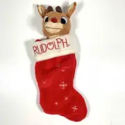 Vintage 1992 Rudolph Red Nosed Reindeer Plush Head Stocking Acrylic Nose