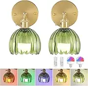 Wisdomer USB Rechargeable Cordless Wall Sconce Set of 2 with Remote Control Dimmable Green Tulip Glass Shade for Bedroom Doorway Modern Farmhouse Lighting​ (Green Tulip)