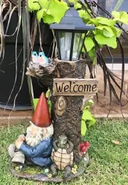 Ebros Summer Slumber Gnome With Buddy Turtle Solar Path LED Light Garden Statue