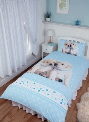SINGLE BED DUVET COVER SET LUKE & LEIA CUTE PUPPIES LABRADOR RETRIEVER BLUE