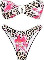 [ZAFUL] Womens Bandeau Bikini Set Metallic Sparkly O Ring Lace Up Tie Side High Cut Tanga Sexy Bathing Suit Swimwear