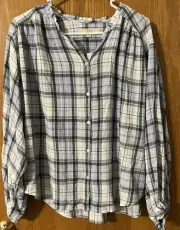 Loft Plaid Peasant Blouse Button Down NWT Med Light Blue Lightweight