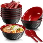 Set of 10 Melamine Miso Soup Bowls with Spoons, 26 Oz Large Cereal Bowls, 6.8...