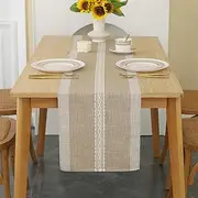 Brown Braided Stripe Table Runner Farmhouse Style-Handmade Rustic Linen Coffee Table Decoration Runner for Wedding Holiday Party and Dining Decor 13*90 inches