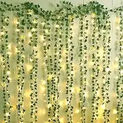 SOVYOULIVE 12 Packs Artificial Ivy, 84FT Garland Hanging Plants Fake Vines with 200 LED String Light for Bedroom Wedding Party Garden Wall Room Home Decor