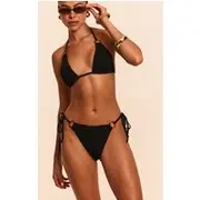 Black Crinkle O Ring Tie Side Bikini Bottoms, Black