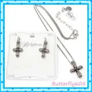 Brighton Amphora Petite Cross Silver Pendant Necklace Set NWT $130 Pouch