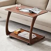 C-Shaped Solid Wood Side Table, Sofa Table with Rolls, for Small Space, TV Drawer for Living Room, Bedroom, Bathroom(L)