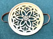 Vintage Hand Carved Wooden Flower Mandala Serving Tray/Trivet with handles -14"