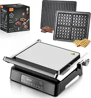 2 in 1 Panini Grill Press Sandwich Maker, 1400W Electric Waffle Maker 180° flip 5 Auto Cooking Modes, Smart LED Display 60-230℃ Temperature 60 Min Timer, Nonstick Grilling Pan