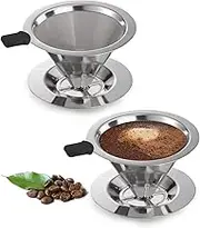 2Pcs Pour Over Coffee Dripper, Paperless Reusable Coffee Filter, Pour Over Coffee Maker for Single Cup Brew, Double Layer Stainless Steel Cone Strainer 1-2 Cup, Small