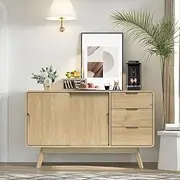 Merryluk Sideboard Buffet Storage Cabinet,2 Door Cabinet with 3 Drawers 2 Shelves Credenza Buffet Table, Coffee Bar Cabinet for Kitchen Entryway Living Room, Natural
