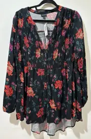 Torrid Women's Black Floral Rayon Twil Smocked Button-Front Tunic Top 2X (18-20)