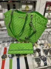Michael Kors Jet Set Travel Women Large Tote Bag & Trifold Wallet Jungle Green