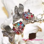 COLORFUL CRYSTAL FISH ANTIQUE SILVER CEILING FAN LIGHT SWITCH PULL LG PAIR F214