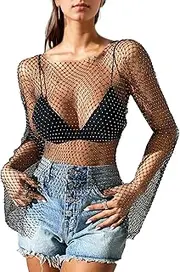 [EMOTTOS] Women's Sheer Mesh Flared Long Sleeve Glitter Top, Transparent Polished Soft Fabric, Transparent Mesh Top, Rhinestones, Fishnet Mesh Top, Blouse for Summer, Club, Party Tops, Black, S-L