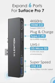 SIX Lention 6-in-1 USB-C Dock/hub Microsoft Surface Pro 7 HDMI USB 3.0 SD CS34