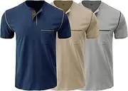 [DGHM-JLMY] 1/2/3 Pack Men's Fashion Henley Shirt Color Block Short Sleeve Henley Tops Classic Button T-Shirt with Pocket