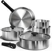 [CAROTE] Pots and Pans Set, Stainless Steel Cookware Set Detachable Handle, 9pcs Induction Kitchen Cookware Sets with Removable Handle, RV Cookware Set, Oven Safe
