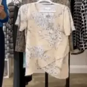 Susan Graver Women 3X Printed Woven Crossover Hem Flutter Sleeve Top Tan NWT