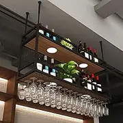 Industrial Vintage Bar Floating Shelf with Lights, Ceiling Mounted Hanging Wine Bottle Holder, Bar Glass Display Rack, Home Restaurant Decor