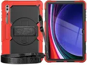 [Jarttarn] Case for Samsung Galaxy Tab S10 Ultra 14.6 Inch (2024) SM-X920/X926B [Built-in Screen Protector] 360° Rotatable Kickstand Shockproof Cover with Hand/Shoulder Strap (Red)