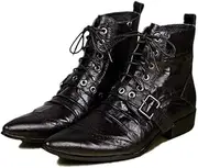 [Generic] Ankle Boot for Man High Top Boot Lace Up StyleGenuine Leather Monk Strap Wingtip Pointed Toe Side Zipper Low Heel Men's Leather Shoes