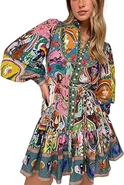 [Perbai] Womens Long Puff Sleeve Turtleneck Boho Mini Dress Button Down Ruffled Ethnic Flowy Tunic Dress