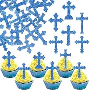 60 Pack Edible God Bless Cupcake Toppers Faith Religious Cake Toppers Rice Paper Wafer Paper Cupcake Picks for First Holy Communion Cross Baptism Baby Shower Kids Birthday Cake Decorations Blue