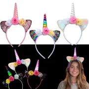 Light Up Unicorn Headband 4PCS with Blink Ears, Flowers & Magical Color LED Horn
