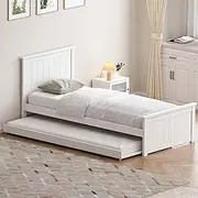 Oikiture Single Bed Frame Wooden Bed Frame Timber Single Bed Frame with Trundle, Twin Bed, Home Furniture for Kids, Toddler and Adult, White