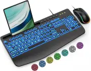 Wired Keyboard and Mouse, Large Print Backlit Keyboard with Wrist Rest and 7-Col