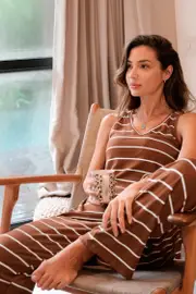 Cupshe Cocoa Dreams Striped Pajama Set - Coffee/Espresso/Tobacco,L
